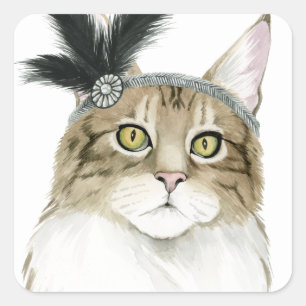 Downton Cat Adorned With Feathers Square Sticker