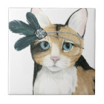 Downton Cat | Bejeweled With Feathers Tile<br><div class="desc">This watercolor print features a grey cat adorned with jewels | By Grace Popp</div>