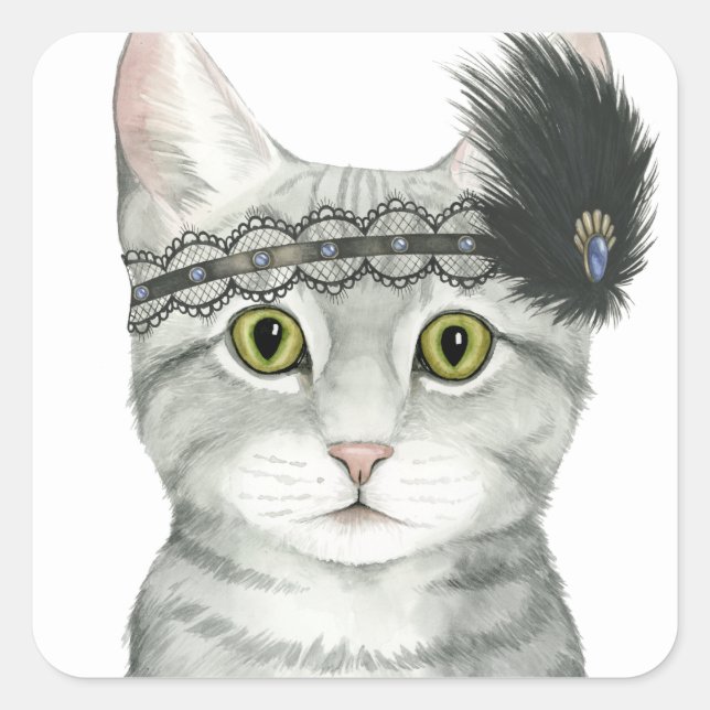 Downton Cat | Bejeweled With Lace Square Sticker (Front)