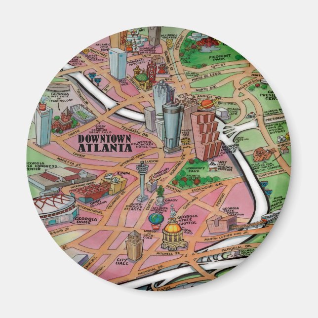 Downtown Atlanta Georgia Cartoon Map Magnet (Front)