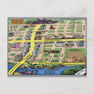 Downtown Austin Texas Cartoon Map Postcard