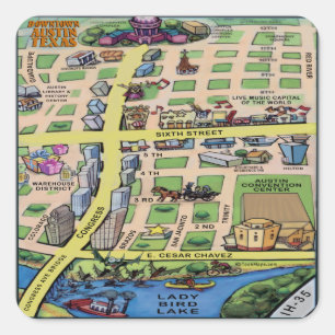 Downtown Austin Texas Cartoon Map Square Sticker