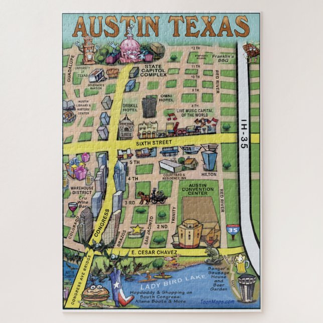 Downtown Austin Texas Fun Map Jigsaw Puzzle (Vertical)