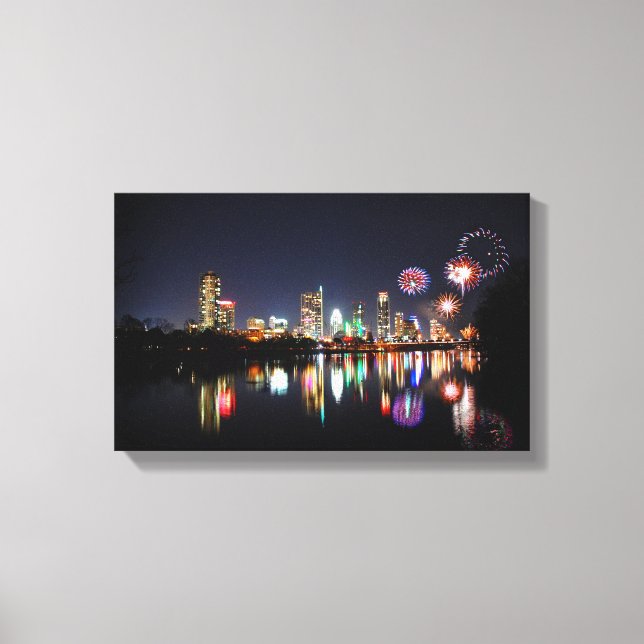 Downtown Austin Texas Night Skyline Fireworks Canvas Print (Front)