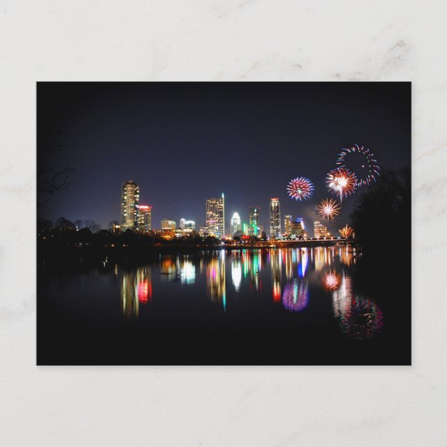 Downtown Austin Texas Night Skyline Fireworks Postcard (Front)