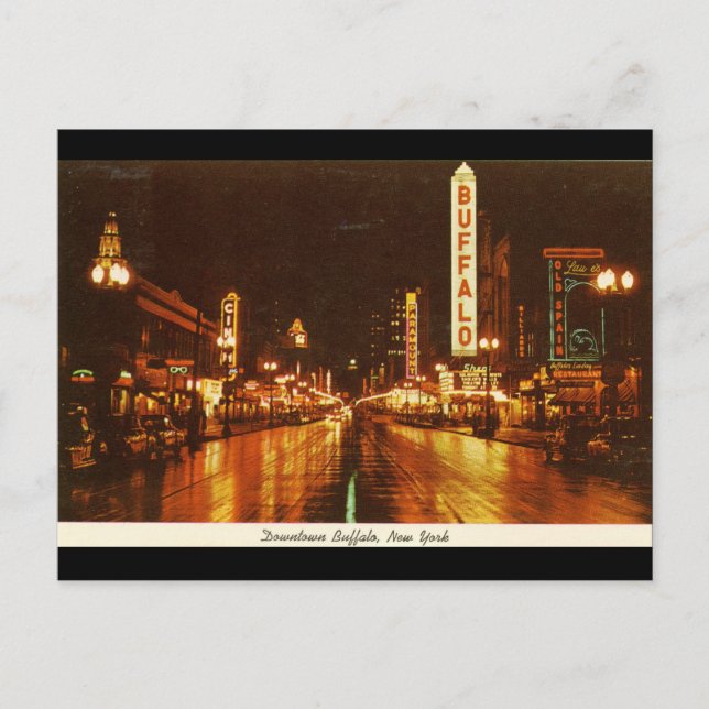 Downtown Buffalo NY at Night Vintage Postcard (Front)