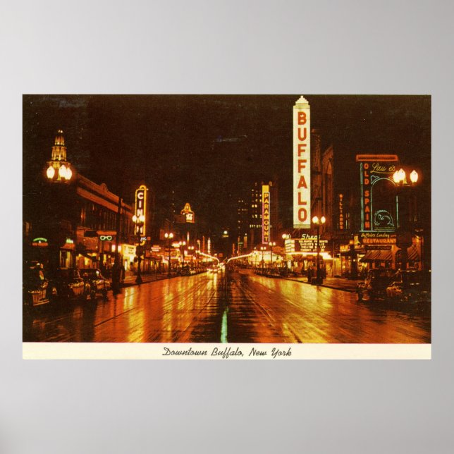 Downtown Buffalo NY at Night Vintage Poster (Front)