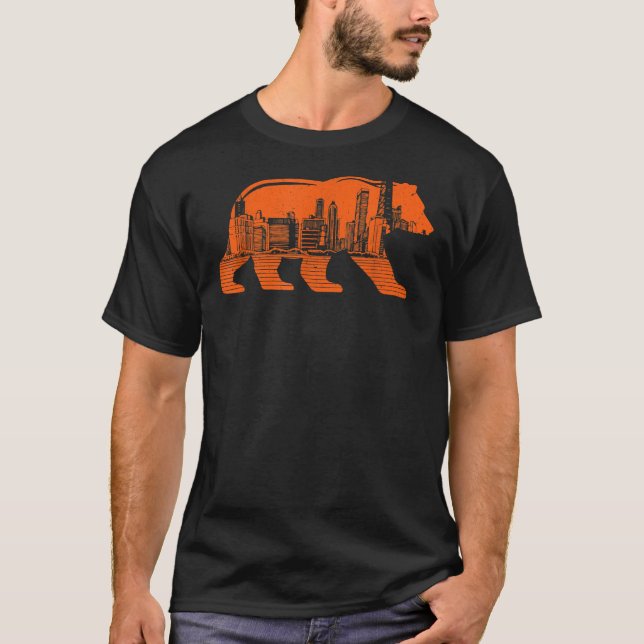 Downtown Chicago City Skyline Walking Bear Silhoue T-Shirt (Front)