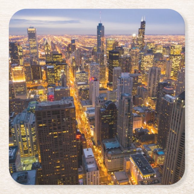 Downtown Chicago skyline at dusk Square Paper Coaster (Front)