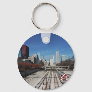 Downtown Chicago with train tracks Key Ring