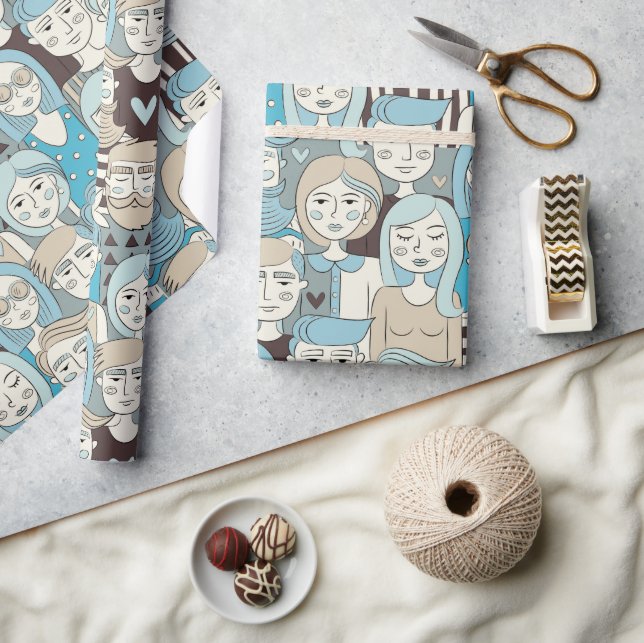 Downtown Crowd Faces Blue/Beige ID494 Wrapping Paper (Crafts)