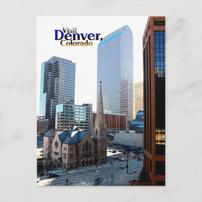 Downtown Denver and the Trinity Episcopal Church Postcard (Front)