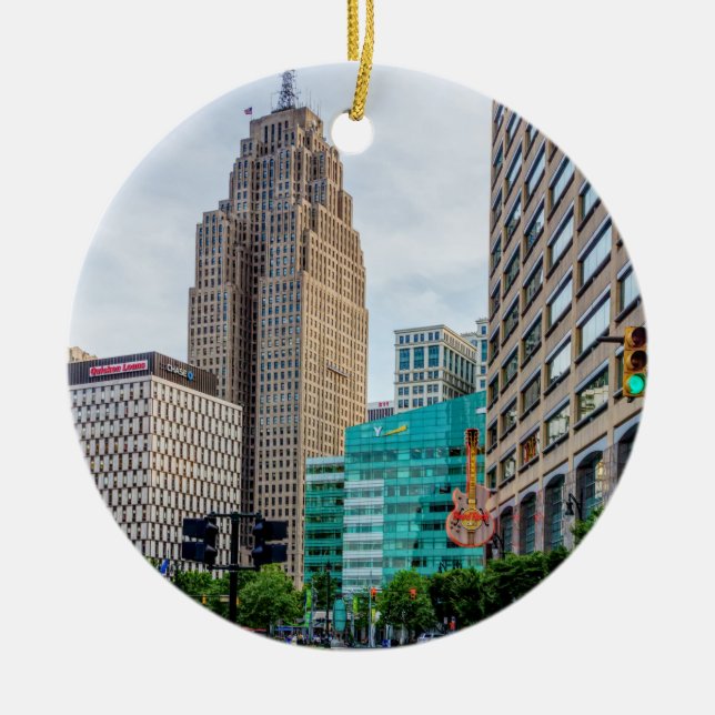 Downtown Detroit Ceramic Tree Decoration (Front)