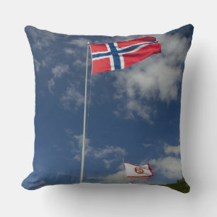 Downtown historic port area of Bergen wth flags Cushion