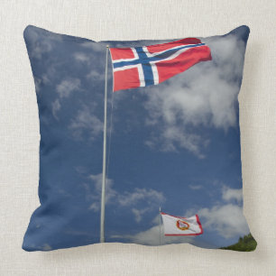 Downtown historic port area of Bergen wth flags Cushion