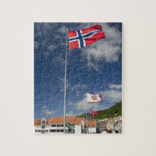 Downtown historic port area of Bergen wth flags Jigsaw Puzzle