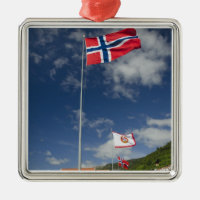 Downtown historic port area of Bergen wth flags