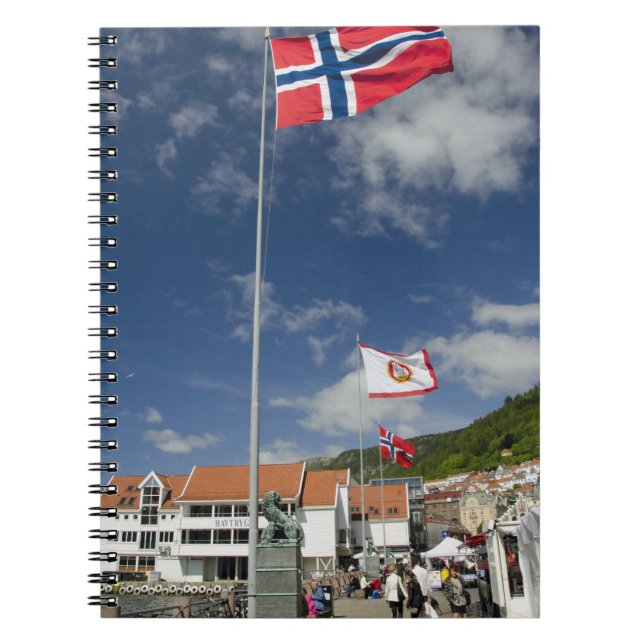 Downtown historic port area of Bergen wth flags Notebook (Front)