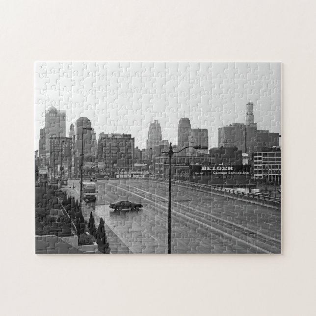 Downtown Kansas City Skyline–Black and White Photo Jigsaw Puzzle (Horizontal)