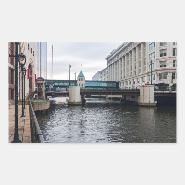 downtown milwaukee riverfront and architecture rectangular sticker (Front)