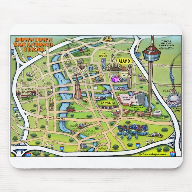Downtown San Antonio Cartoon Map Mouse Pad (Front)