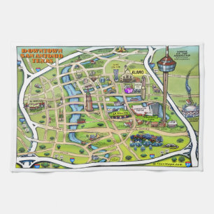 Downtown San Antonio Cartoon Map Tea Towel