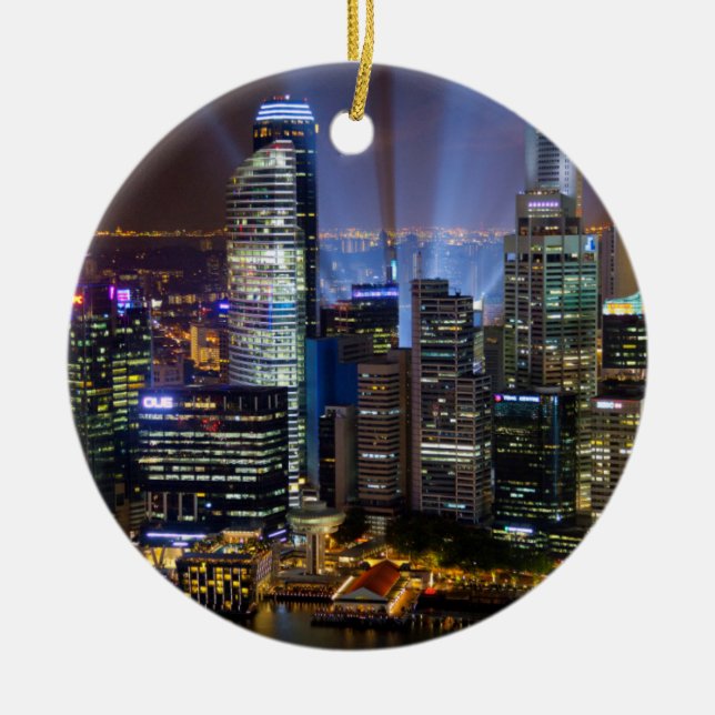 Downtown Singapore city at night Ceramic Tree Decoration (Front)