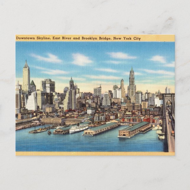 Downtown Skyline, East River Brooklyn Bridge, NYC Postcard (Front)