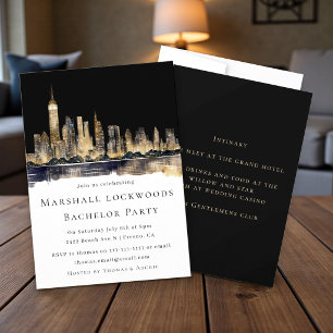 Downtown Skyline Gold Bachelor Party Invitation 
