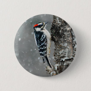 Downy Woodpecker in Snow - Original Photograph 6 Cm Round Badge