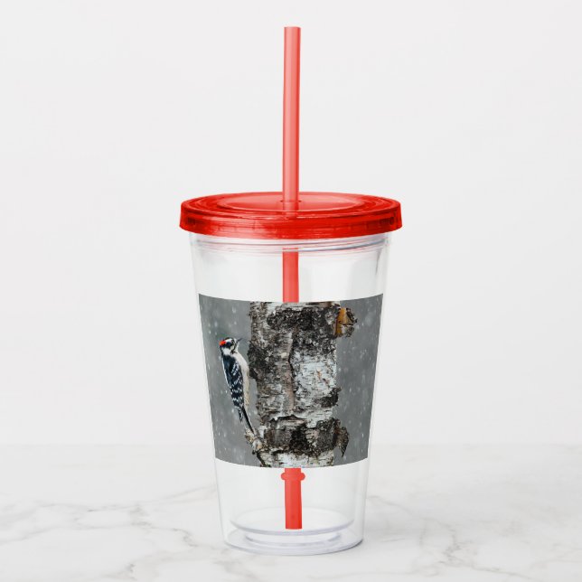 Downy Woodpecker in Snow - Original Photograph Acrylic Tumbler (Front)