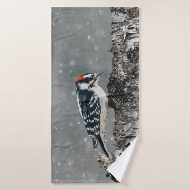 Downy Woodpecker in Snow - Original Photograph Bath Towel Set (Bath Towel)