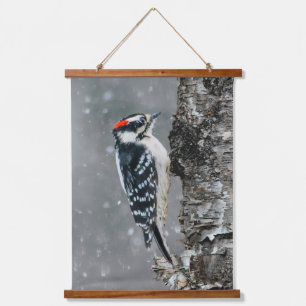 Downy Woodpecker in Snow - Original Photograph Hanging Tapestry