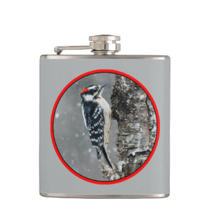 Downy Woodpecker in Snow - Original Photograph Hip Flask