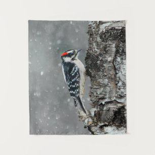 Downy Woodpecker in Snow - Original Photograph Tapestry