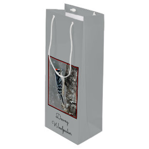 Downy Woodpecker in Snow - Original Photograph Wine Gift Bag