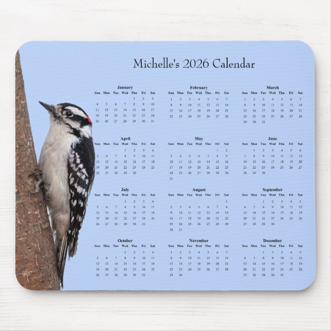 Downy Woodpecker on a Tree – 2026 Calendar Mouse Pad (Front)