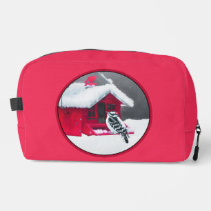 Downy Woodpecker on Red Feeder Original Bird Art Dopp Kit