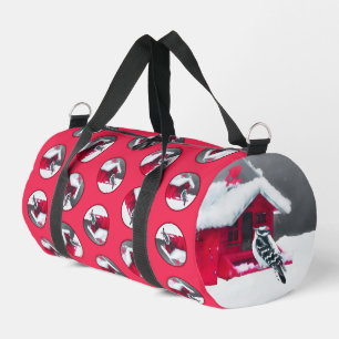 Downy Woodpecker on Red Feeder Original Bird Art Duffle Bag
