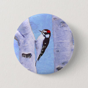 Downy Woodpecker Painting - Original Bird Art 6 Cm Round Badge