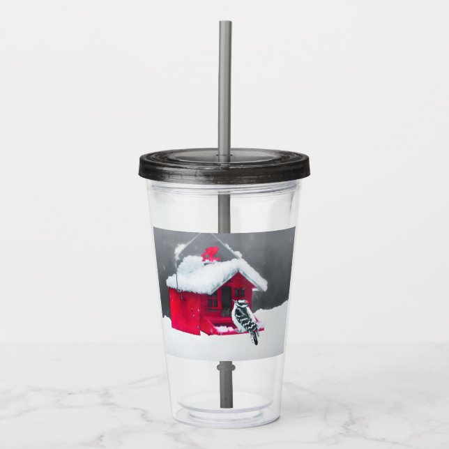 Downy Woodpecker Painting - Original Bird Art Acrylic Tumbler (Front)