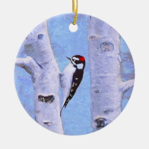Downy Woodpecker Painting - Original Bird Art Ceramic Tree Decoration