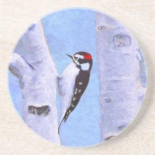 Downy Woodpecker Painting - Original Bird Art Coaster