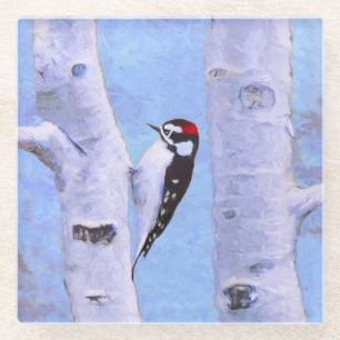 Downy Woodpecker Painting - Original Bird Art Glass Coaster