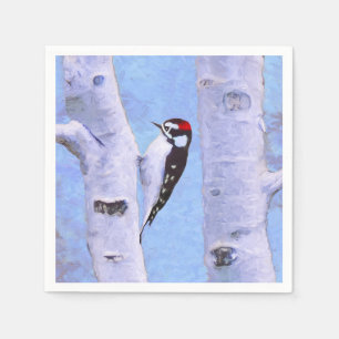 Downy Woodpecker Painting - Original Bird Art Napkin