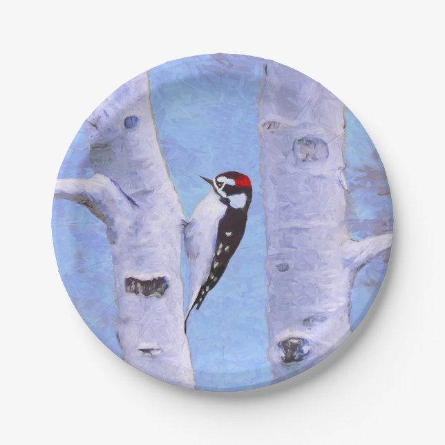Downy Woodpecker Painting - Original Bird Art Paper Plate (Front)