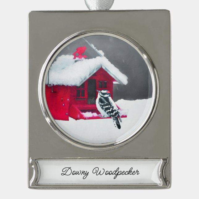 Downy Woodpecker Painting - Original Bird Art Silver Plated Banner Ornament (Front)