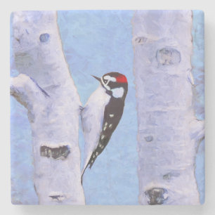 Downy Woodpecker Painting - Original Bird Art Stone Coaster