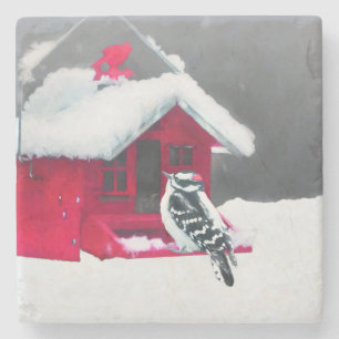 Downy Woodpecker Painting - Original Bird Art Stone Coaster