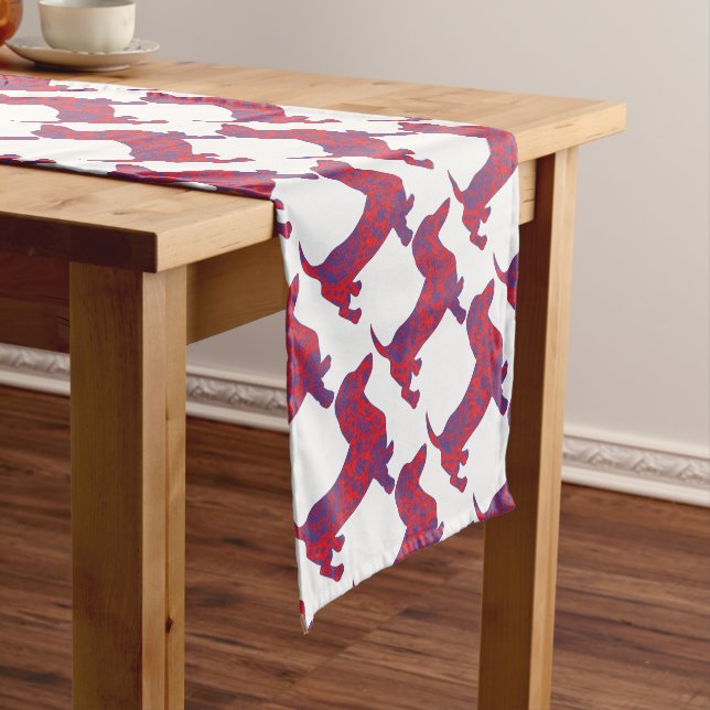 Doxie in Reniassance-Pattern Short Table Runner (In Situ)